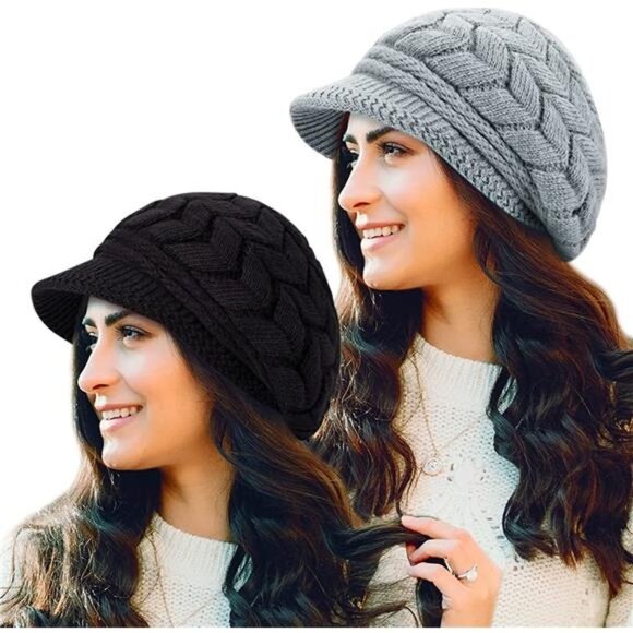 Women\'s 2 Piece Fleece Lined Snow Ski Caps Slouchy Winter Hat with Visor, main image 5